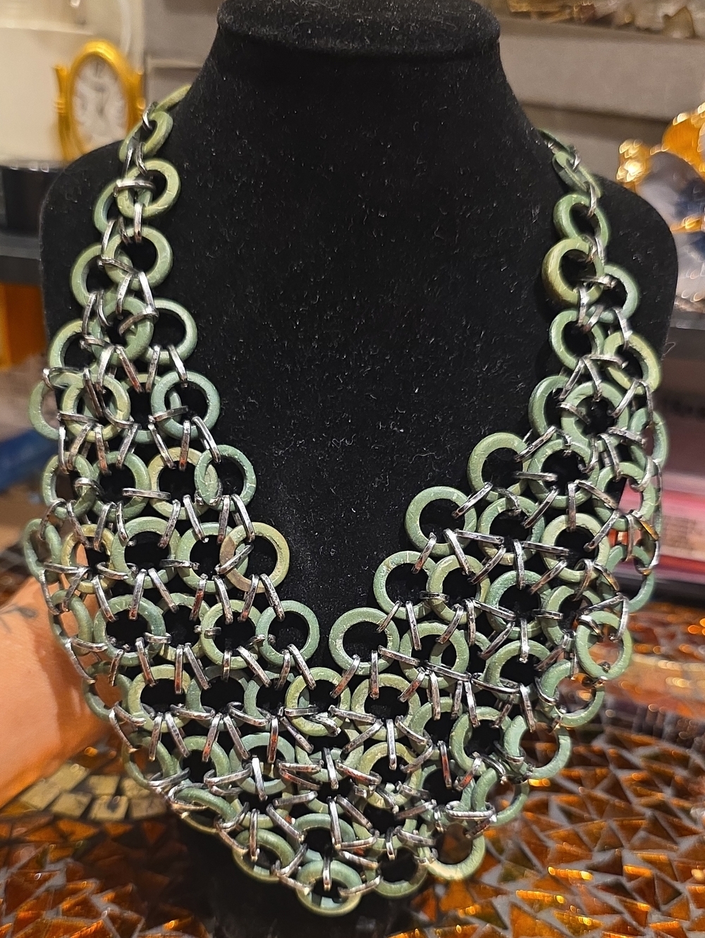Vintage Green and Silver Chain-Link Bib Necklace